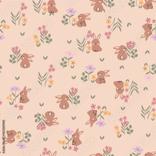 Bunny and floral pattern, bunny in garden,seamless spring pattern on peach background. Easter seamless vector pattern. Great for home decor, textile, poster, wallpaper etc