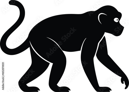Monkey primate silhouette in walking pose with curved tail and extended limbs, isolated on white background