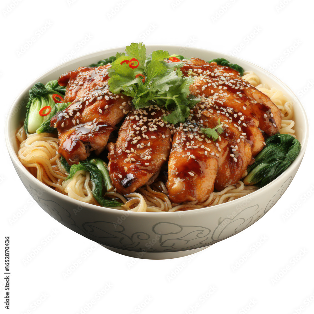 Fototapeta premium Delicious Chicken Noodles Asian Cuisine Sesame Chili Isolated on white and transparent background.