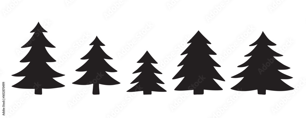 Fototapeta premium silhouette Christmas trees set. Hand drawn forest decorative element. Doodle silhouette trees for New Year and Christmas