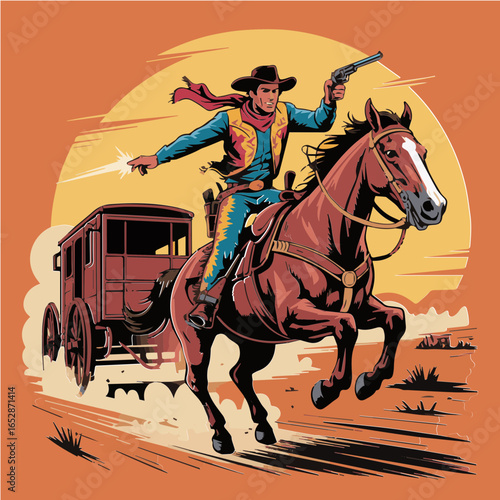 Vector artwork illustration of a daring cowboy leaps from a moving stagecoach onto a galloping horse