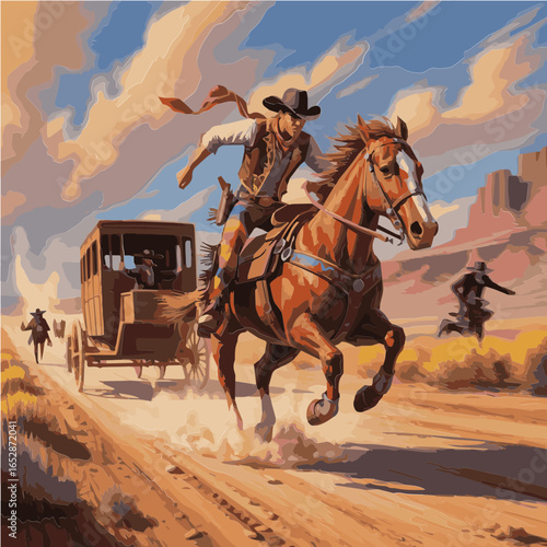 Vector artwork illustration of a daring cowboy leaps from a moving stagecoach onto a galloping horse