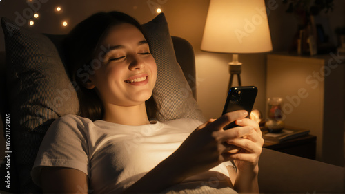 Comfortable evening scene with golden phone glow and soft shadows. Perfect for lifestyle and tech campaigns.