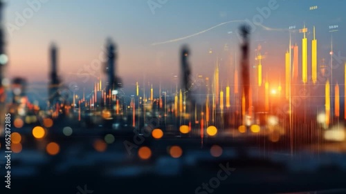 Industrial skyline at dusk showcasing silhouettes of refinery structures against a vibrant sunset, with glowing lights and abstract data overlays suggesting technological advancements