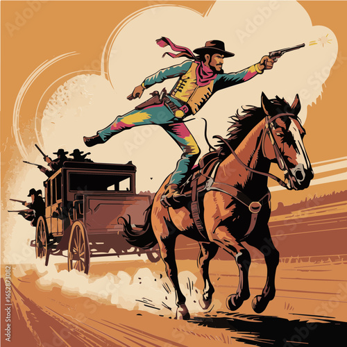 Vector artwork illustration of a daring cowboy leaps from a moving stagecoach onto a galloping horse