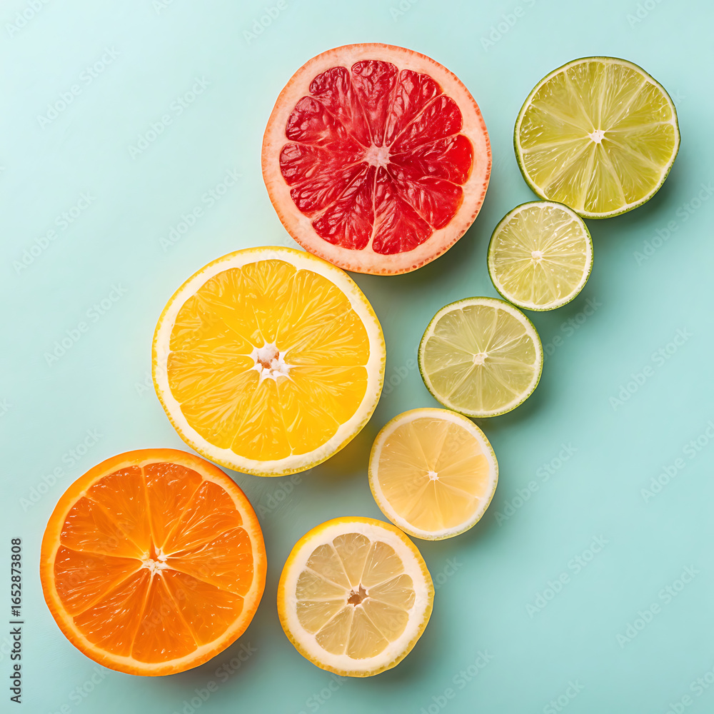 Obraz premium Assortment of Fresh Citrus Fruits on a Teal Surface