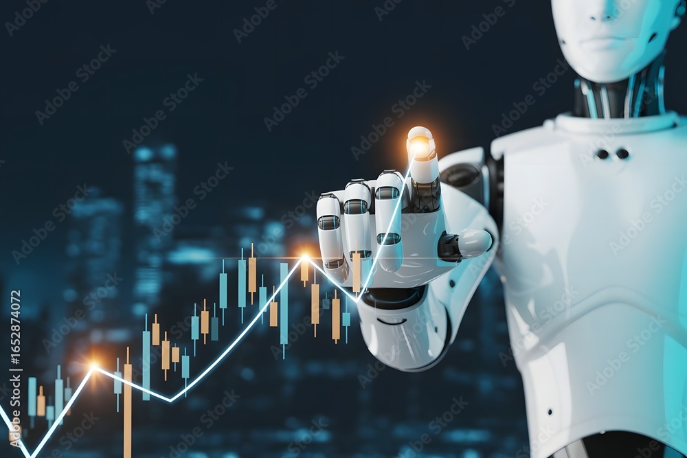 Robot Hand Analyzing Stock Market Chart with Glowing Fingertip Representing Artificial Intelligence in Finance and Automated Trading Systems on a Blurred Cityscape Background Robot Hand Analyzing Stock Market Chart with Glowing Fingertip Representing Artificial Intelligence in Finance and Automated Trading Systems on a Blurred Cityscape Background