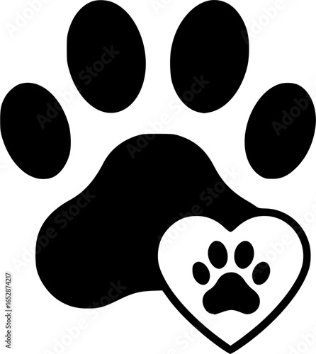 Pet paw vector icon with editable stroke featuring footprints, heart with paw print for dog and cat, animal care illustration
