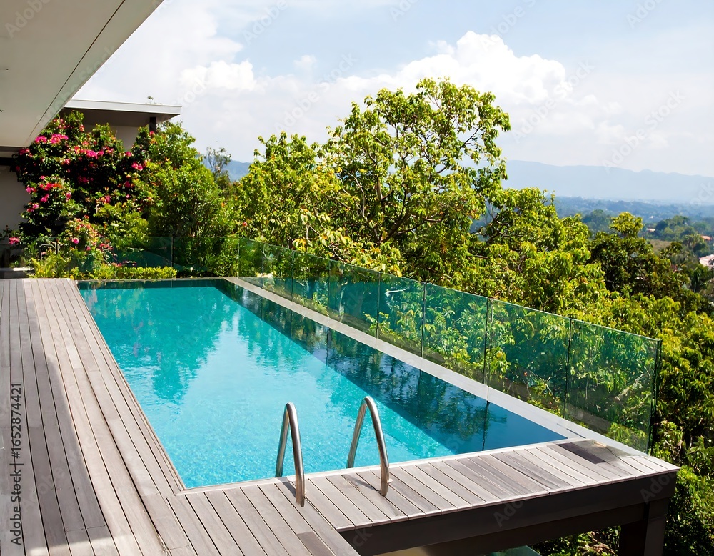 Obraz premium Modern pool deck with mountain view