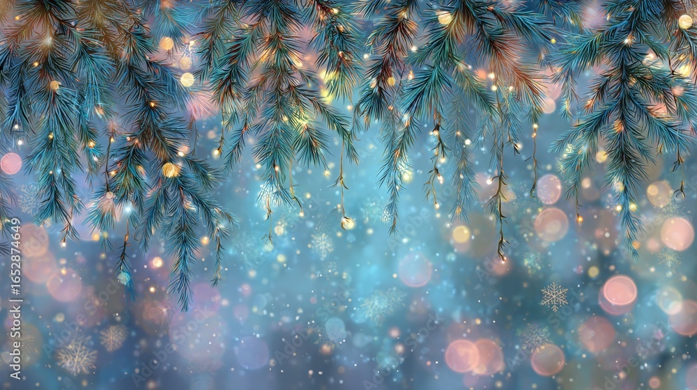 Fototapeta premium Christmas background with snow covered pine branches, glowing lights, and winter snowfall