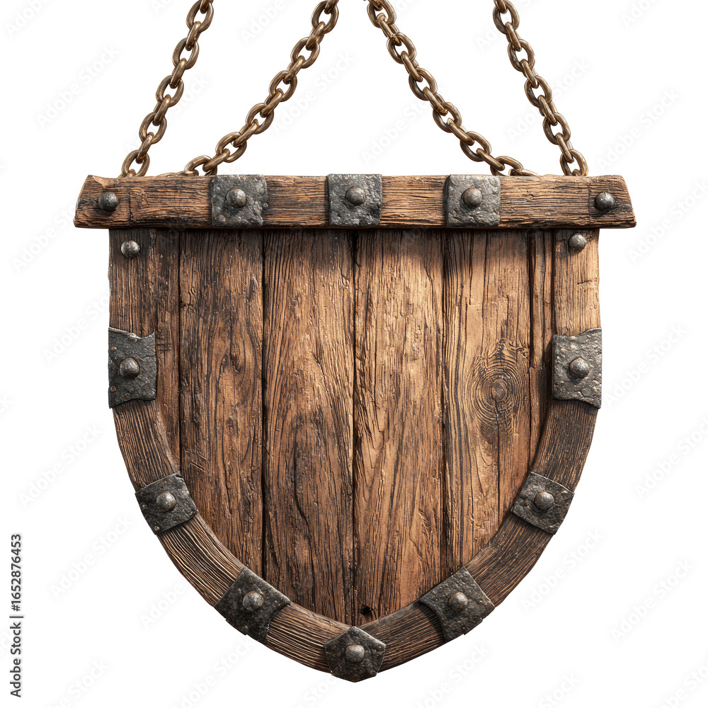 Fototapeta premium Wooden shield-shaped sign, hanging by chains. Dark brown wood with visible grain, edged with metal bands and studs. Isolated on black
