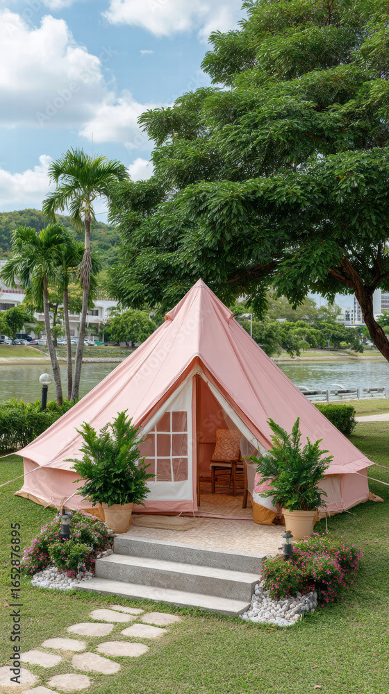 Fototapeta premium Luxurious glamping tent in scenic outdoor location, surrounded by lush greenery and serene water view. pink tent features elegant decor and inviting seating, creating perfect getaway
