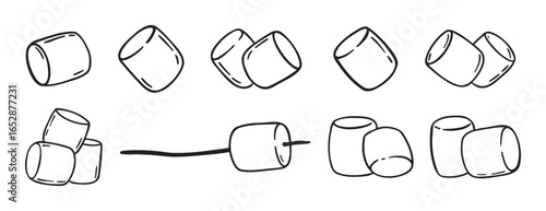 Marshmallows doodle hand drawn icon set. Outline drawing marshmallow line clipart symbol collection