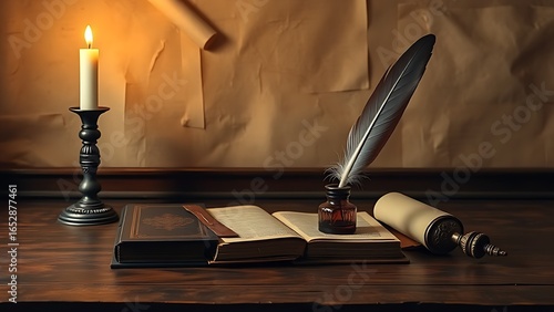Vintage desk setup with a feather quill and inkwell on aged parchment.