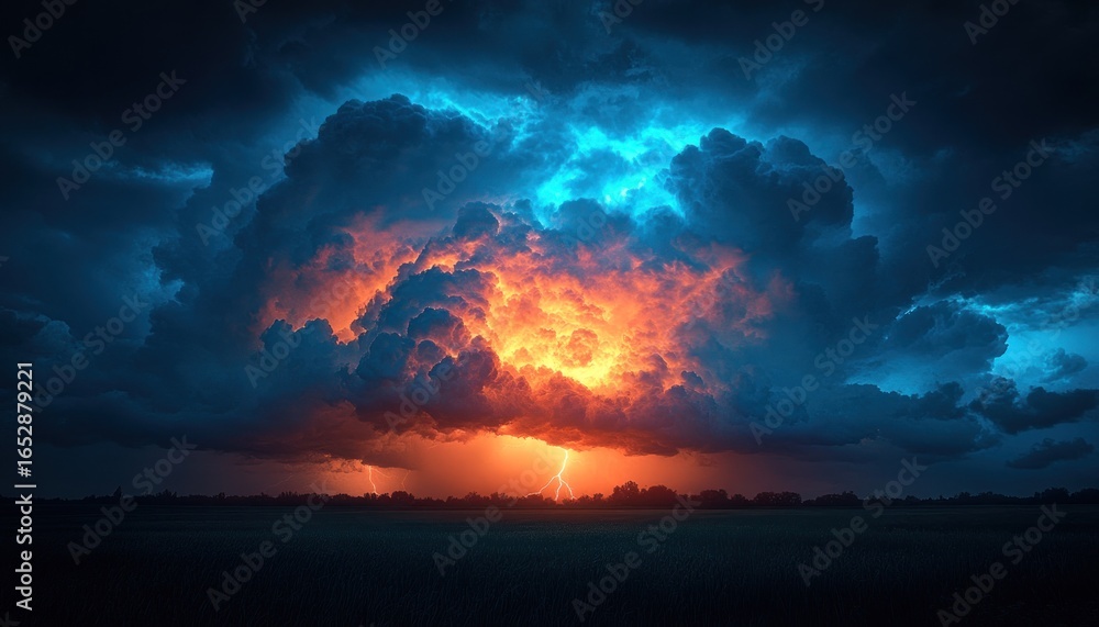 Naklejka premium Fiery Sunset Storm Clouds Over Dark Field