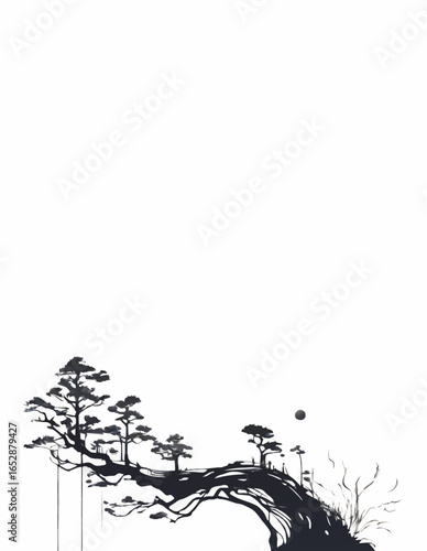 abstract branch with trees ink sketch vector decorative element with white area for insertion