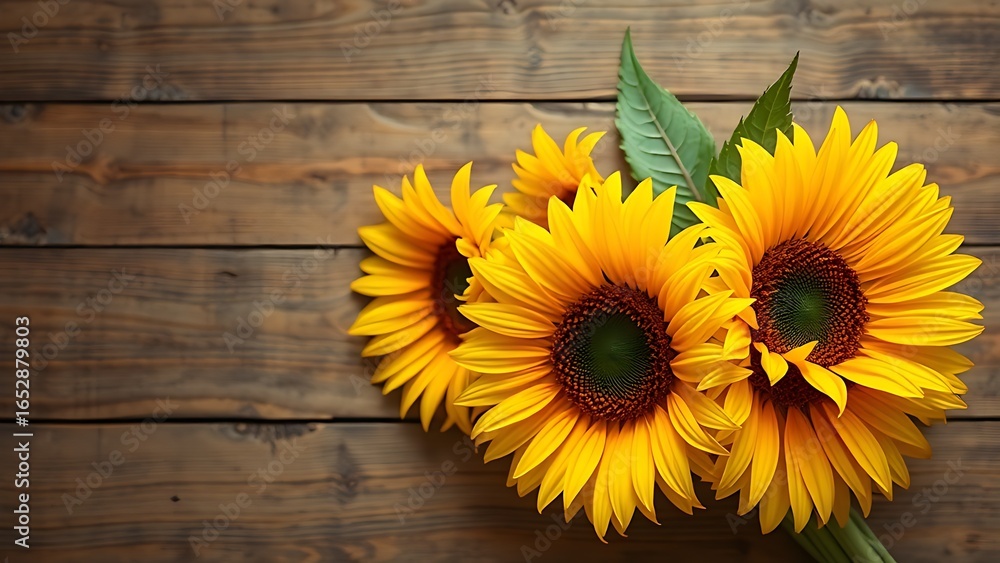Obraz premium Sunflower arrangement on a rustic wooden surface with warm yellow tones.