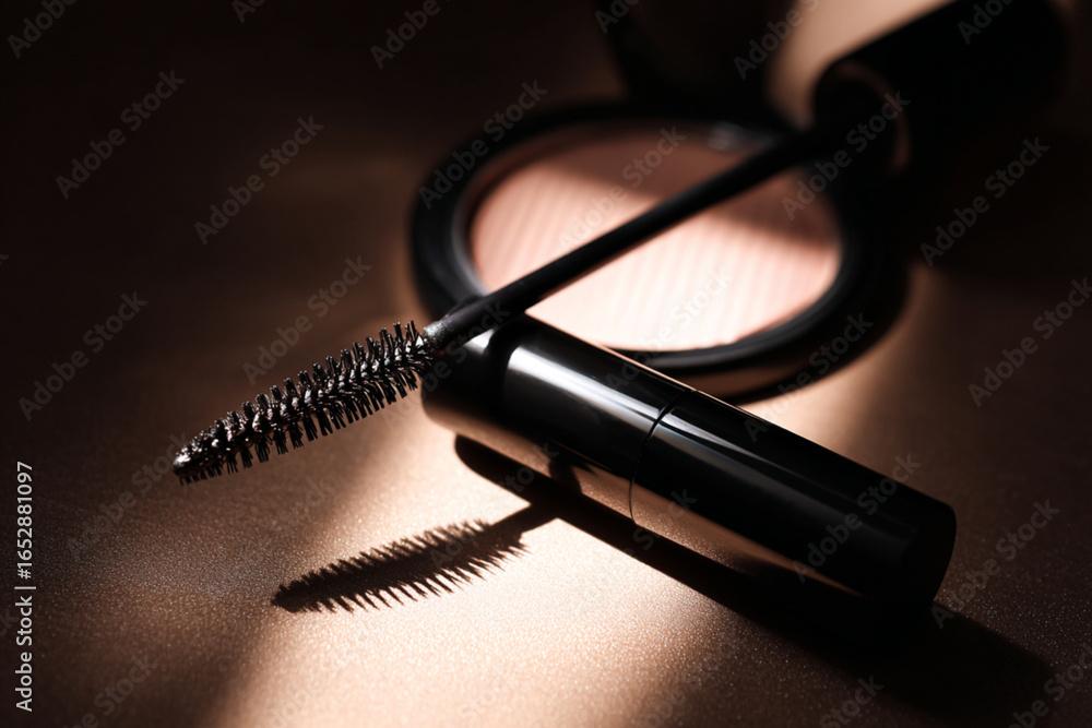Naklejka premium Elegant black mascara and blush compact shown together, highlighting beauty products on a stylish surface