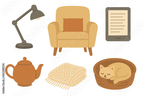Inviting living room ambiance featuring a plush armchair, a radiant desk lamp, an e-reader, a charming teapot, a neatly folded blanket, and a contentedly sleeping cat, all bathed in a soft, warm radi