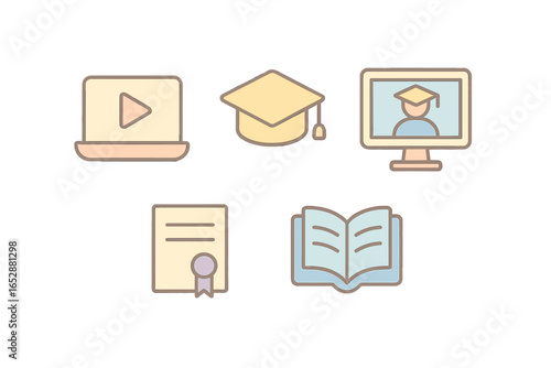 Stylized educational icons symbolizing distance learning, graduation, online academics, and scholarly success, featuring a laptop, graduation cap, computer screen, diploma, and an open book for moder