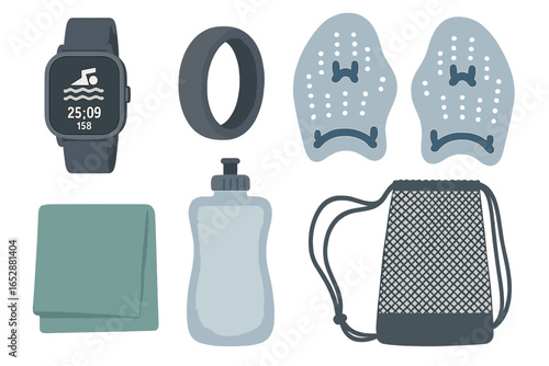 Essential swimming accessories for dedicated athletes and enthusiasts, featuring a smart watch with swim data, cap, paddles, water bottle, mesh bag, and towel for effective sports training and hydrat