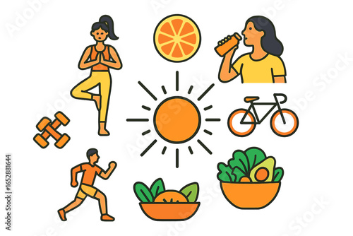 Healthy lifestyle concept with icons representing fitness, nutrition, and outdoor activities under the sun, promoting wellness and active living with vibrant colors and a clean design.