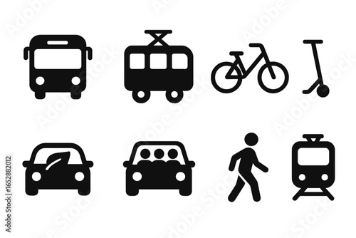 Diverse collection of simple silhouette icons showcasing urban mobility and various transportation methods, featuring a bus, tram, bicycle, scooter, car, and pedestrian figure for modern city life an