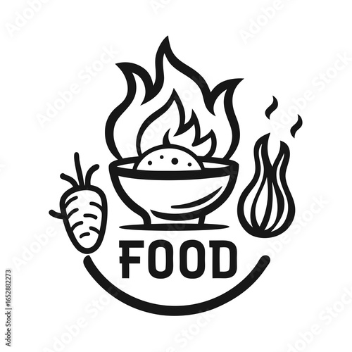Sizzling hot food concept with fiery skillet and culinary elements, perfect for restaurant branding and menu design