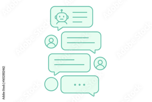 Digital communication concept with glowing chatbot icon and message bubbles, representing online conversation and automated customer service interactions on a gradient background.