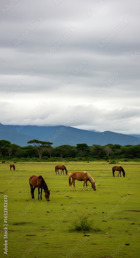 Fototapeta premium Horses Grazing in a Meadow Landscape.