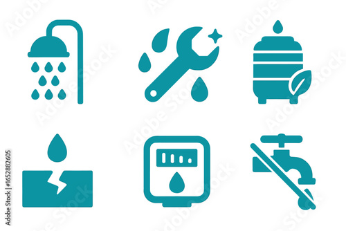 Collection of blue glowing icons representing water services, including a shower, wrench, water tank with leaf, cracked pipe with water drop, meter with water drop, and a shut-off faucet, set against