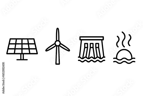 Collection of renewable energy source icons including solar panel, wind turbine, hydroelectric dam, and geothermal energy, presented in a clean, modern line art style on a dark background.