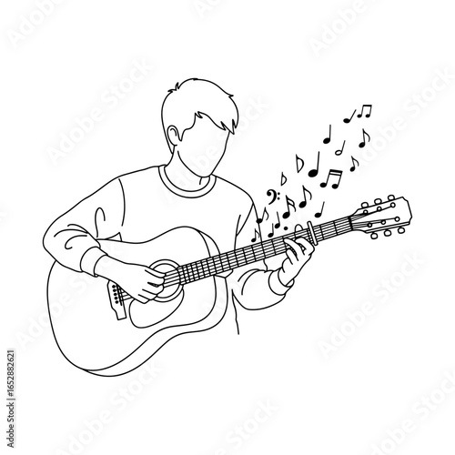 Vector illustration of a young guitarist playing the guitar. It is suitable for music, concerts, hobbies, entertainment, and any music-related project.