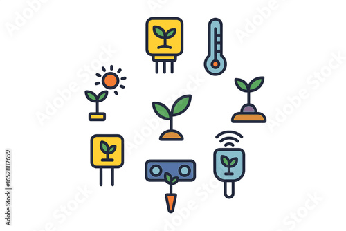Collection of flat icons representing smart farming technology and plant growth monitoring, including sensors, thermometers, and sun exposure for agriculture.