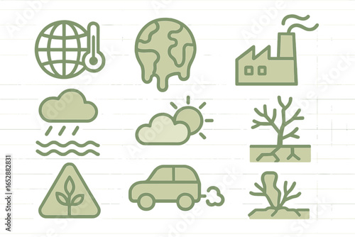 Collection of climate change and environmental impact icons, including global warming, pollution, extreme weather, and drought, presented in a clean, modern style with a muted color palette.
