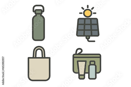Collection of eco-friendly icons representing sustainable living: reusable water bottle, solar panel, tote bag, and toiletries in a pouch, symbolizing environmental consciousness and green lifestyle