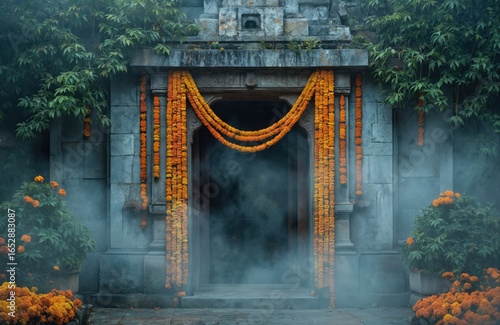 Stone temple entrance adorned with abundant marigold garlands. Misty morning atmosphere in India. Grey stone building details visible with green foliage. Represents culture, spirituality, tradition.