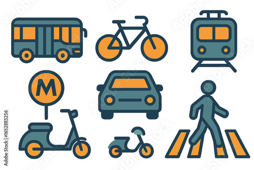 Collection of stylized icons representing various modes of urban transportation, including a bus, bicycle, train, car, scooter, and pedestrian crossing, set against a gradient background.