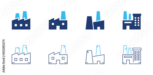 Factory icon set. Containing industrial building, manufacturing plant, power chimney, and production facility icons. icon collection.