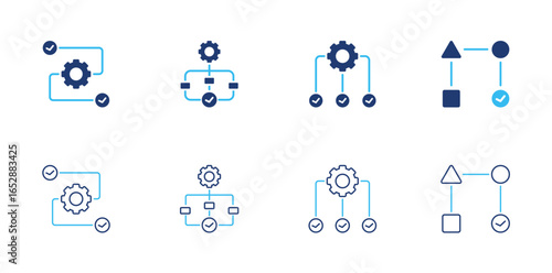Workshop icon set. Containing teamwork process, flowchart, gear system, and task management icons. icon collection.