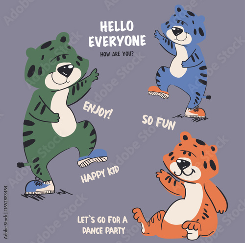 Cute tiger friends, green blue in orange with text lettering hello everyone how are you happy tiger and Dancing mood tiger graphic for baby boys and toddler boys, graphic for bag and sticker, bags etc