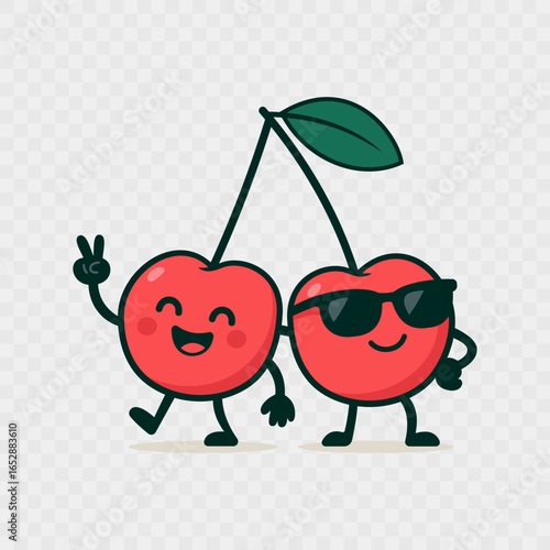 Cute cartoon cherries with happy faces. Fun fruit character illustration for kids design, stickers, or packaging. Vector illustration EPS10.