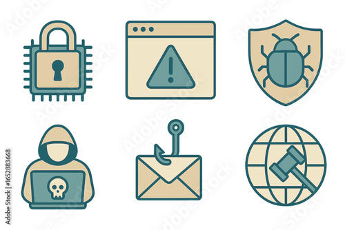 Diverse cybersecurity icons illustrating digital threats and essential protection measures, featuring a secure chip with a padlock, a prominent warning alert, a shield defending against a bug, a hack