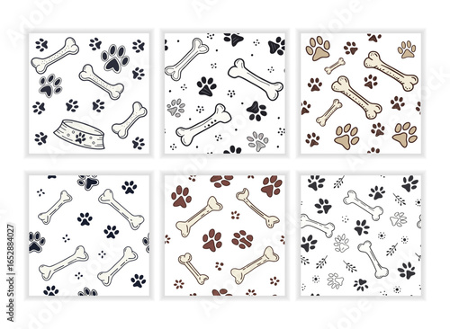 Seamless pattern featuring dog paw prints and bones in brown and orange colors on a white background ideal for textile and packaging