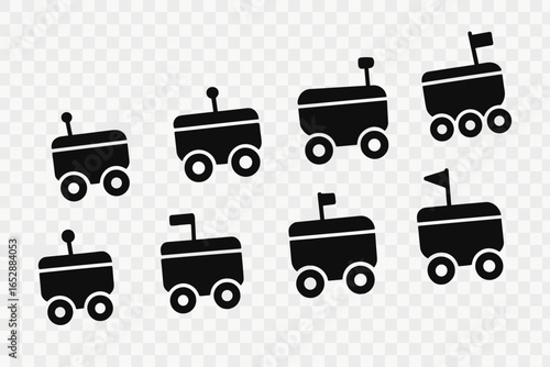 Collection of simple black icons representing robotic rovers with wheels and antennas, some featuring small flags, set against a transparent background for versatile design applications.