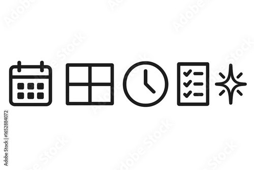 Collection of simple outline icons representing essential daily activities and concepts: calendar, grid, clock, checklist, and sparkle, presented on a dark background with subtle lighting effects.