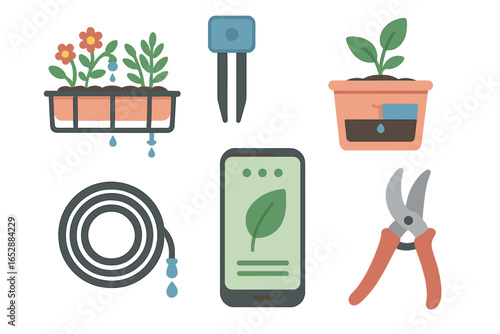Smart gardening concept with automated watering system, plant sensors, and mobile app control for efficient plant care and growth, vector illustration.