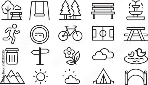 Natural Parkland Line Icons Set Vector Public Park, Playground, Forest, Fountain, Running, Sports Field, Picnic, Outdoor Symbols