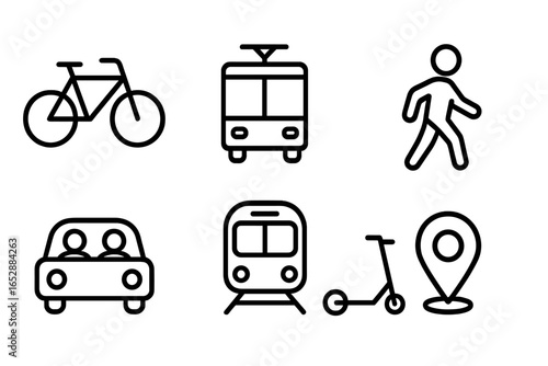 Collection of simple outline icons representing various modes of transportation and urban mobility, including a bicycle, tram, pedestrian, car, subway train, and electric scooter with a location pin.