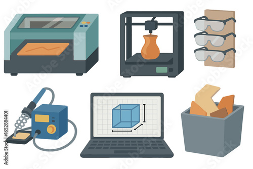 Modern manufacturing and prototyping equipment, featuring 3D printers, laser cutters, soldering stations, and design software on a laptop, symbolizing innovation and advanced technology in production